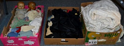 Lot 1426 - Assorted dolls, dolls costume, baby clothes, black lace and trims, sleeves and collar from a...