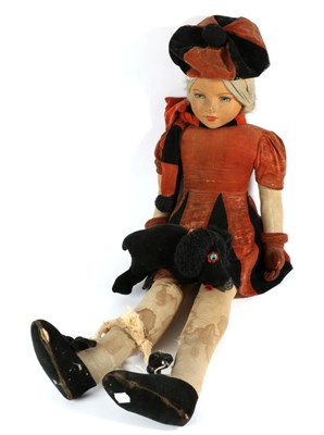 Lot 1431 - A large Norah Welling style doll with pressed fabric face and painted details, velvet body,...