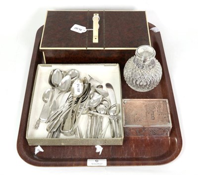 Lot 6 - Silver spoons; 1920s/30s cigar box; Mappin & Webb silver topped scent bottle etc