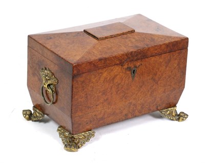 Lot 20 - A Regency brass mounted bird's eye maple tea caddy, of sarcophagus form with loop handles and...