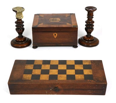 Lot 27 - A pair of turned wood candlesticks; a parquetry sewing box and a parquetry folding chess board