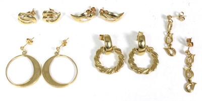 Lot 43 - Five pairs of 9 carat gold earrings, comprising; a pair of rope hoop drop earrings, measure...