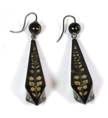 Lot 57 - A pair of Victorian tortoiseshell and pique work drop earrings, round beads with an inlaid star...