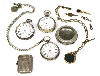 Lot 64 - Two silver pocket watches, one case stamped 0.935; nickel plated pocket watch signed Waterbury...