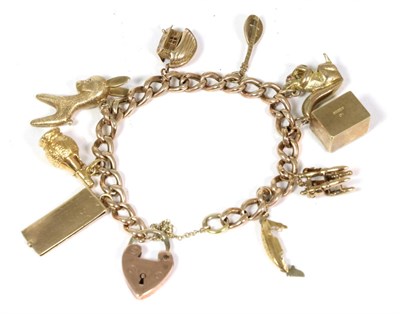 Lot 76 - A 9 carat gold curb link charm bracelet, suspending nine charms, including a donkey and a squirrel