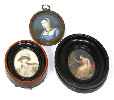 Lot 80 - A portrait miniature of a lady in a blue dress, probably 19th century; another miniature study of a