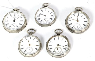 Lot 93 - Five silver open faced pocket watches, signed J Harris & Sons, London & Manchester, Atlantic...