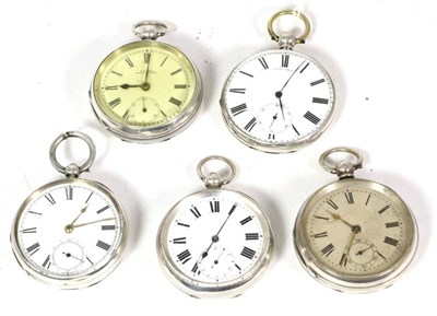 Lot 106 - Three silver open faced pocket watches with two signed Waltham, Mass, a plated cylinder open...
