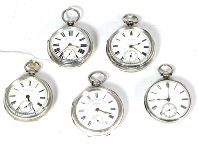 Lot 111 - Five silver open faced pocket watches, four signed by H.Samuel, Manchester, T & E Rhodes,...