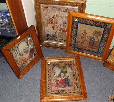 Lot 125 - Three 19th century tapestry and petit point wool pictures of religious subject matter,...
