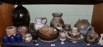Lot 130 - A studio pottery vase, tenmoku glaze, unmarked, 42.5cm; a studio pottery vase, floral...