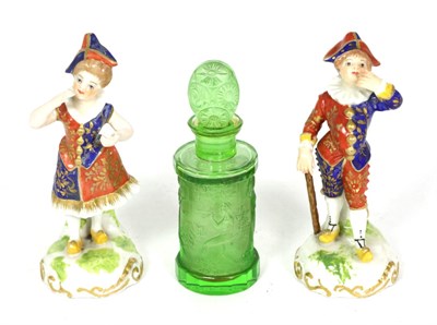 Lot 163 - A pair of Derby style Comedia Del Arte figures; and a Continental scent bottle