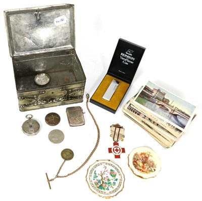 Lot 172 - A silver pocket watch, silver vesta, watch chain, Ronson lighter, Stratton compact, postcards etc