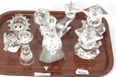 Lot 181 - A quantity of Swarovski crystal items, to include; two twin light candelabra; a table bell,...