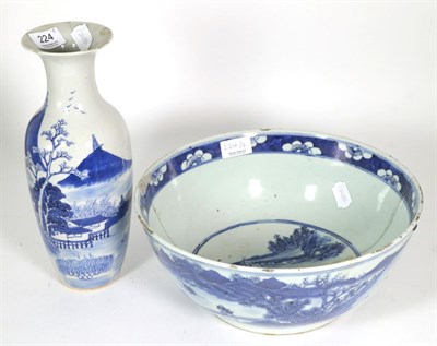 Lot 224 - A Chinese blue and white bowl, damaged, 30cm in diameter; together with a blue and white vase