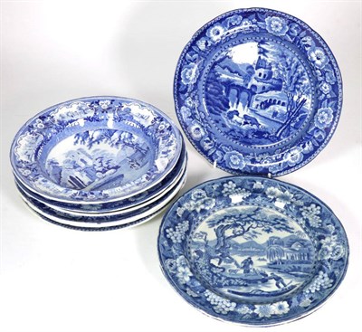 Lot 233 - A collection of nine blue and white transfer printed soup and dinner plates, mostly early 19th...