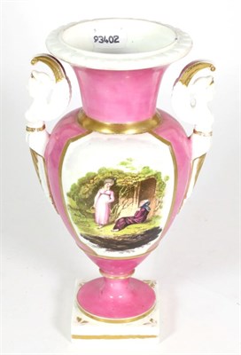 Lot 234 - Herculaneum pink vase, figural vignette, twin winged caryatid handles, 27cm high