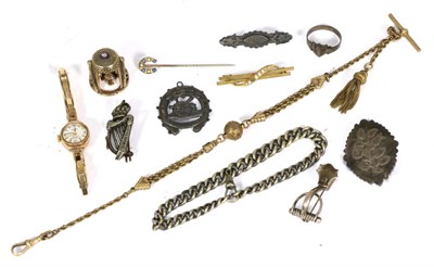 Lot 243 - A lady's 9 carat  Benson wristwatch, cased with various brooches, watch chains etc (12)