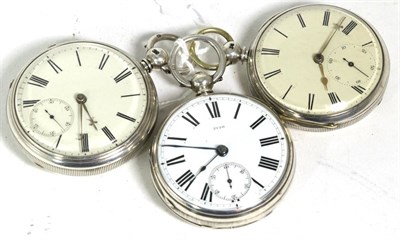Lot 255 - Three silver open faced pocket watches, two with Chester hallmarks and one with a London...