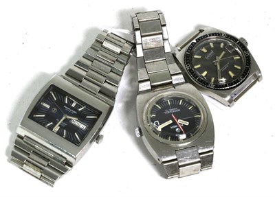 Lot 259 - Three gents stainless steel automatic calendar centre seconds wristwatches, signed Favre Leuba...