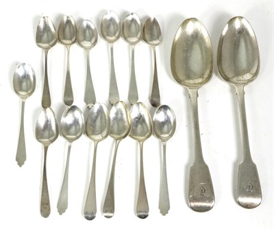 Lot 260 - Two silver table spoons, John Meek 1822; a set of six silver teaspoons and others