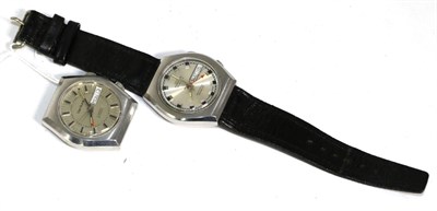 Lot 261 - Two gents stainless steel automatic calendar centre seconds alarm wristwatches, signed Swiss...