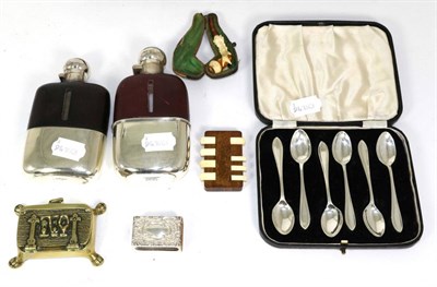 Lot 276 - A set of six silver teaspoons by Viners Ltd; two electroplate mounted hip flasks; a silver matchbox
