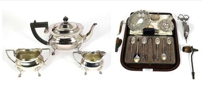 Lot 284 - A set of six silver teaspoons and tongs, a silver pierced dish, a silver tea strainer, cameos etc