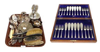 Lot 310 - Silver mounted dressing table brushes and two hand mirrors, oak cased fish knives and forks and...
