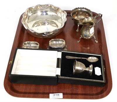 Lot 318 - Two silver trencher salts, marks indistinct and with repairs; a silver bowl stamped Sterling; a...