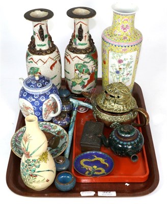 Lot 322 - A group of Oriental ceramics and metalwares to include cloisonne condiments, an agate snuff bottle