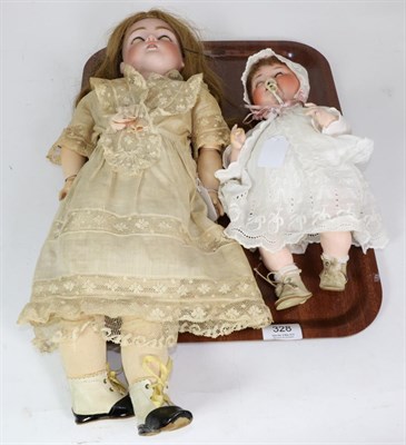 Lot 328 - German bisque socket head doll, with blond wig, sleeping blue eyes, open mouth, composition jointed