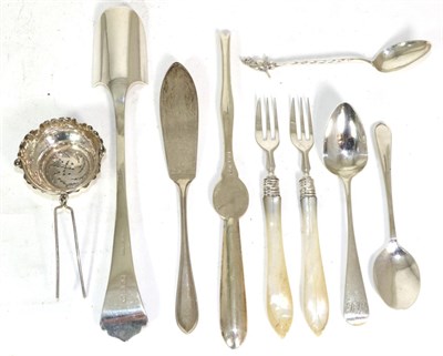 Lot 332 - A selection of silver items comprising a stilton scoop, butter knife, lobster fork with fluted...