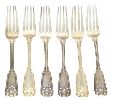 Lot 335 - A matched set of six Victorian silver fiddle thread and shell pattern dessert forks