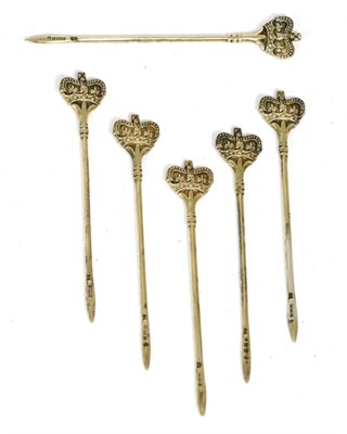 Lot 340 - A set of six silver gilt Royal commemorative cocktail sticks, Adie Bros, Birmingham 1952, with...