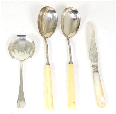 Lot 341 - Pair of Victorian silver serving/salad spoons, T Wooley, Birmingham 1901, with carved ivory...