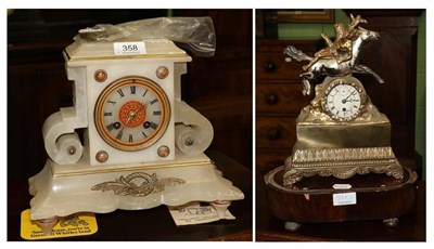 Lot 358 - A gilt metal mantel timepiece raised upon a wooden base, and an onyx striking mantel clock, (2)
