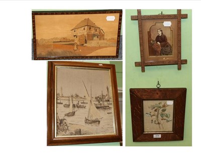 Lot 374 - A small Spindler marquetry picture; a Tunbridgeware photograph frame; a 19th century...