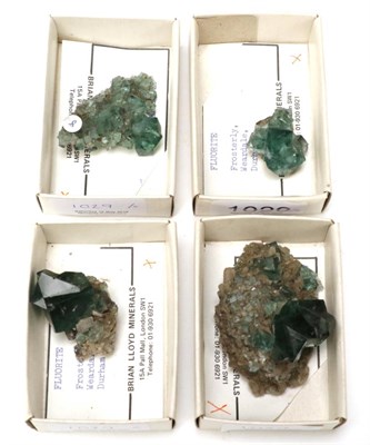 Lot 1029 - Minerals: Four Specimens of green Flourites from the Rogerly Mine, Weardale, Co. Durham