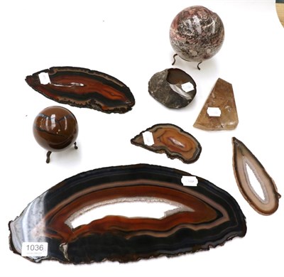 Lot 1036 - Minerals: Eight Polished Lapidary pieces; including four Agate slices, rock crystal with rutile...