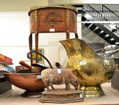 Lot 1110 - Benham and Froud copper scuttle, a Victorian brass coal scuttle, cast iron sheep ornament and a...