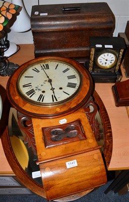 Lot 1141 - An inlaid drop dial wall clock, oval shaped mirror, a Jones sewing machine, and a black slate...