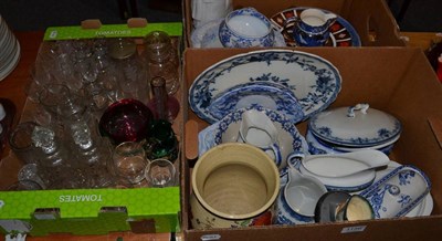 Lot 1156 - A quantity of blue and white ceramics, glass, a Royal Crown Derby Imari pattern plate, platinum...