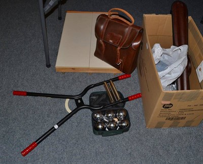 Lot 1171 - Various sporting items including a set of bowls, petanque boules, dart board, snooker cue etc