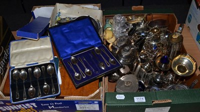 Lot 1174 - A large quantity of assorted silver plated items including flatware, teapots etc (two boxes)