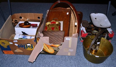 Lot 1178 - Assorted items to include a brass pan, miner's lamp, trays, scales, an oval mirror. place mats,...