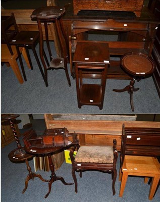 Lot 1190 - A group of furniture comprising; a two tier hanging shelf, a plant stand, smoker's stand, a...