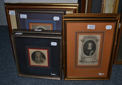 Lot 1223 - Six Framed Portrait Engravings; two Charles II, one Charles I, one Cromwell, and two James II;...