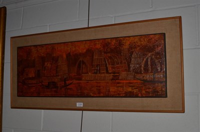 Lot 1226 - B. Lazeski (20th century) Panoramic river village scene of the marsh Arabs of Iraq, signed, oil...