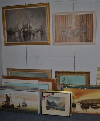 Lot 1240 - Ted Dyer (20th century) Tall masted ships in a harbour, signed, oil on canvas, together with a...